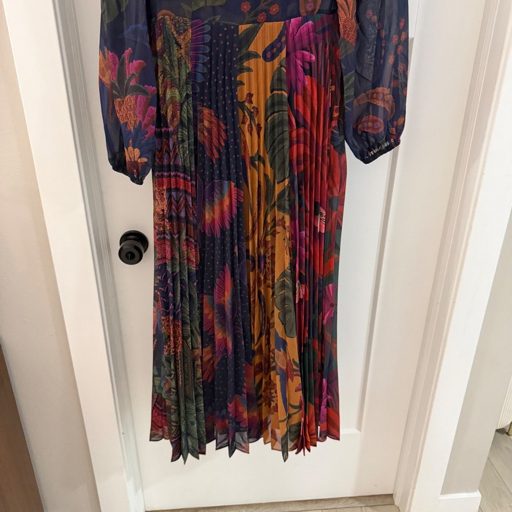 Farm Rio Mixed Print Pleated Maxi Dress Boho Colorful Maximalist Modest Vacay XS - Picture 7 of 8